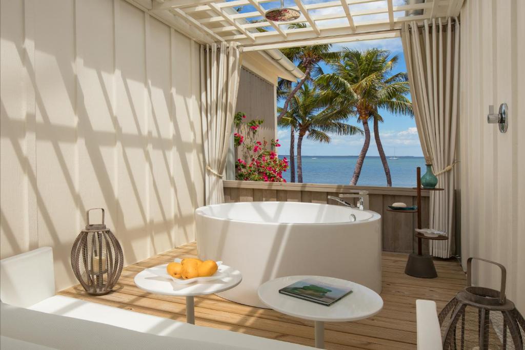 One of the bathrooms at Key Largo with a soaking tub looking our over the ocean. 