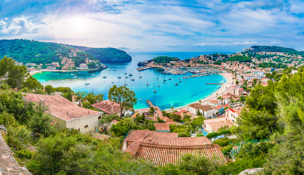 Panoramic view of Porte de Soller, Palma Mallorca, Spain. You can thhe bay and the town and beach below. 