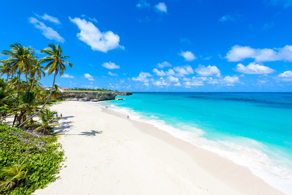 Tropical coast with palms on the left hanging over a white sand beach lining the turquoise sea at Bottom Bay in Barbados.