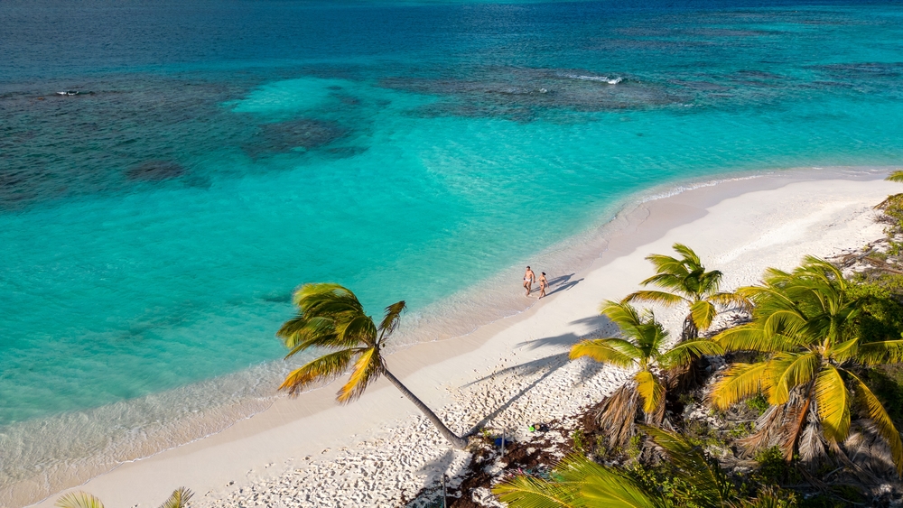 Aerial shot of Shoal Bay Anguilla. On the left, the water is clear with visible reefs or rocks, the beach is fine sandy white with two people walking. On the right are palm trees. 