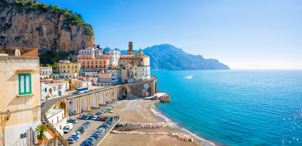 Lido di Ravello  beach club offers beach with sand and pebbles and village on one side, and the church on the other to an amazing little stretch of beach