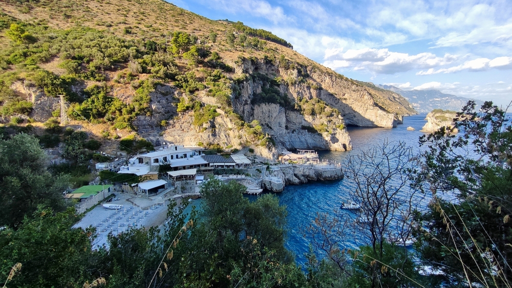 arial view of the Recommone Bay, which is some of the best swimming along the Amalfi Coast