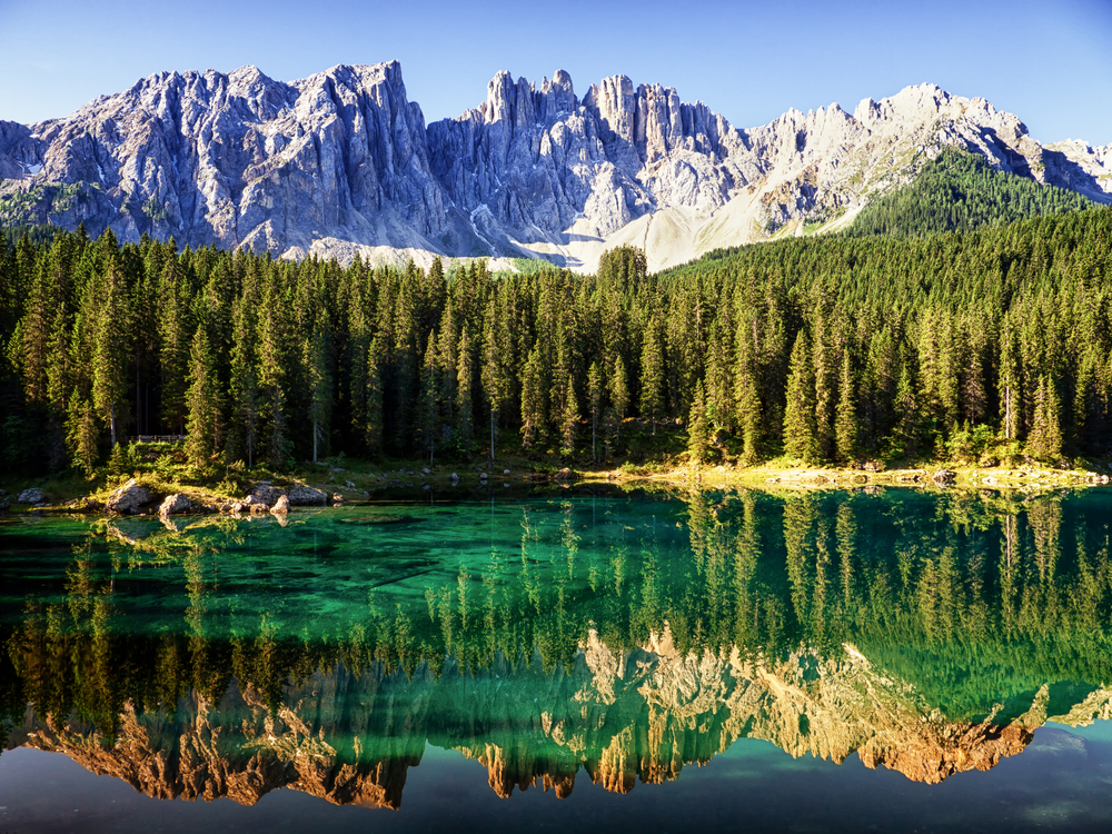 a see-through lake in the dolomites, trees behind the lake, and tall Rocky Mountains behind the trees