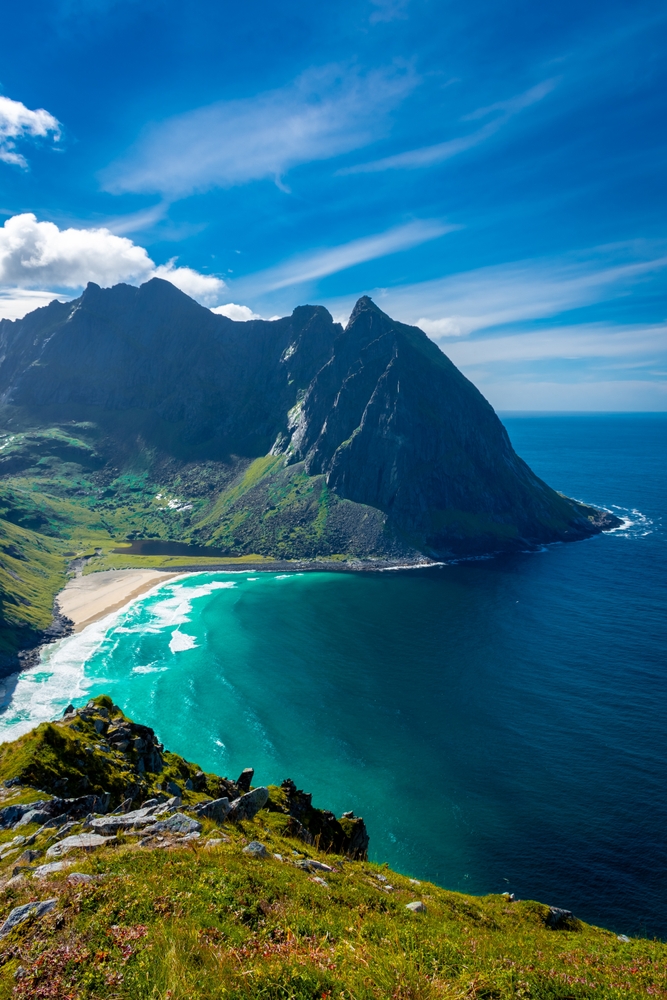 aerial photo of a beach below, kvalvika beach in Norway, best clear water in Europe 