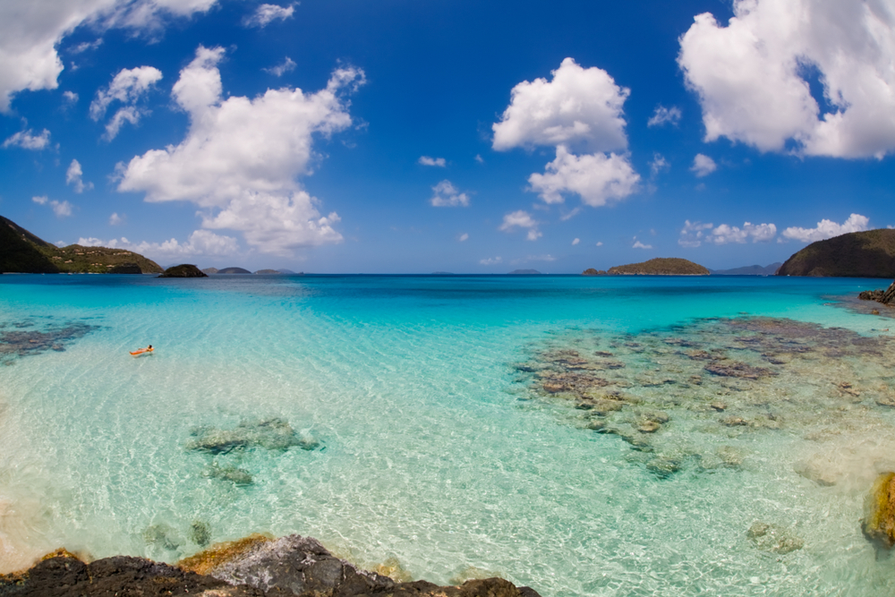 Some of the clearest water in the USA are located in the Virgin Islands-- places like Cinnamon Bay let you see through the blue water all the way down to the white sand.