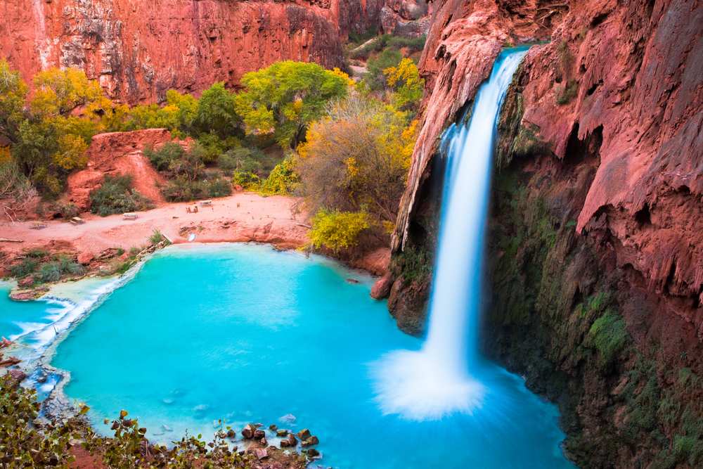 The Havasupai Falls features some of the clearest water in the USA, and it is highlighted by the red rock of the Grand Canyon! 