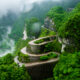 beautiful winding road with green trees and misty clouds