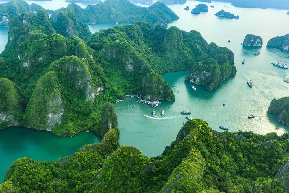 Halong Bay, Vietnam. Unesco World Heritage Site. Ha Long Bay, in the Gulf of Tonkin, includes some 1,600 islands and islets. Beautiful landscape. View from above. Aerial view of Ha Long bay. 