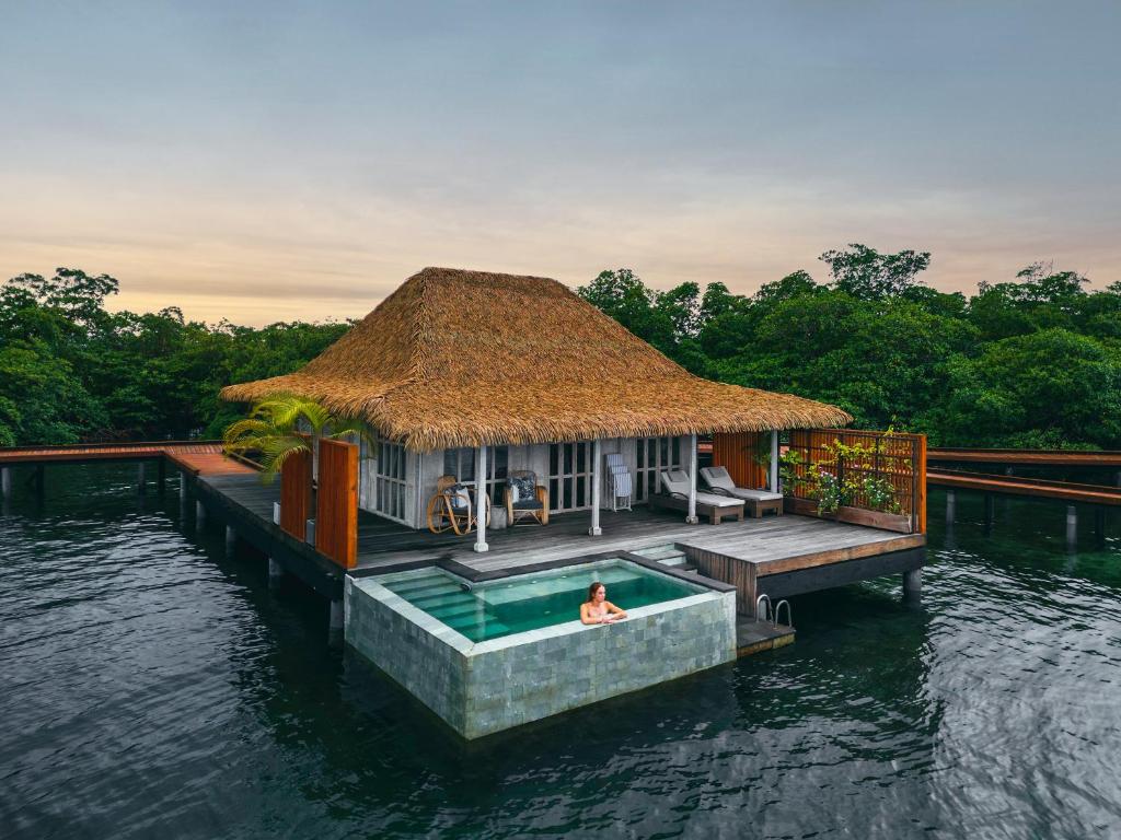 A luxury overwater bungalow near Florida showing a woman in a plunge pool on a large deck. There are trees in the background. 