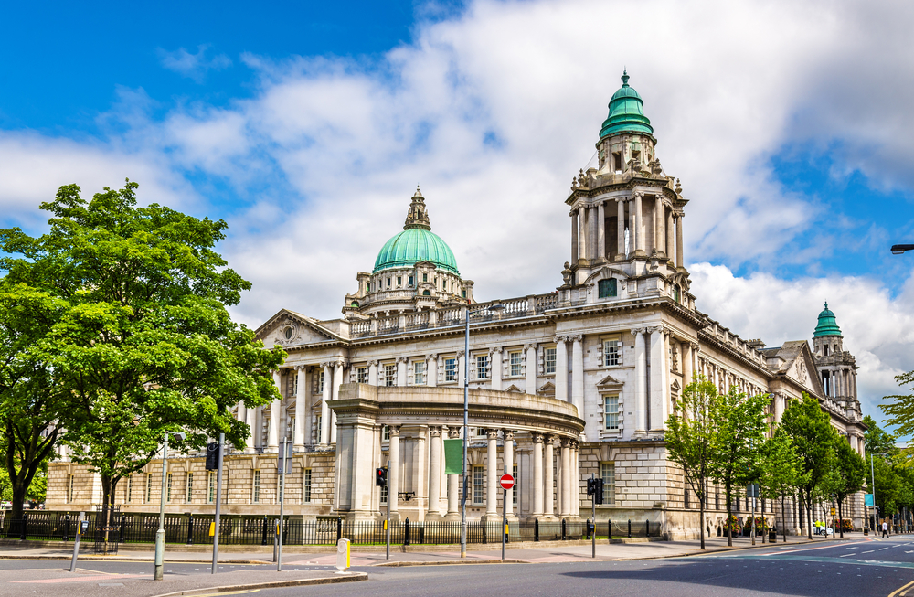 Beautiful Belfast City Hall  with towers and a dome.