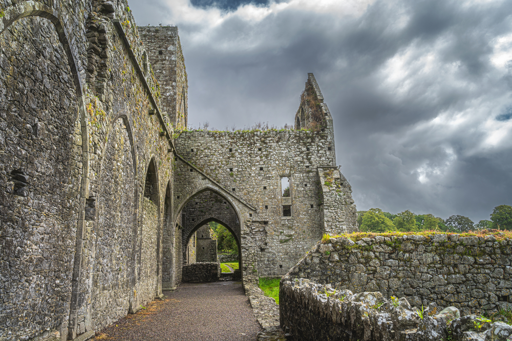 Overcast day at the stone ruins of Hore Abbey during an Ireland road trip.