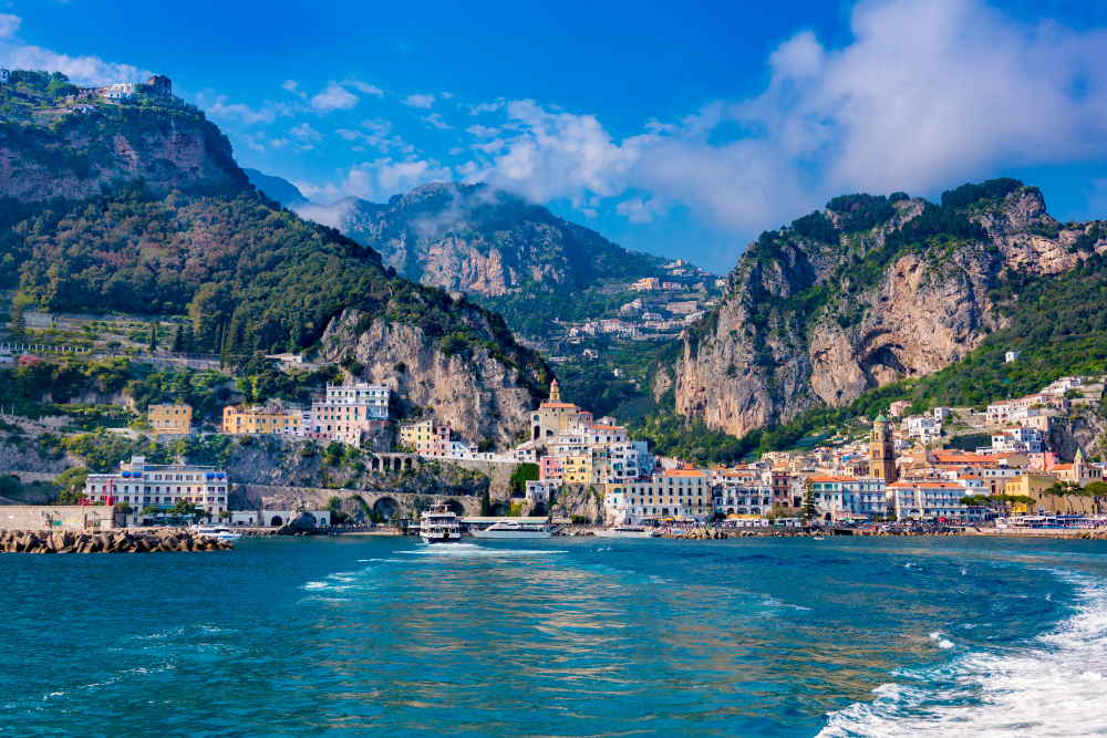 the view into Amalfi town from the sea the largest and flattest town on the Amalfi coast