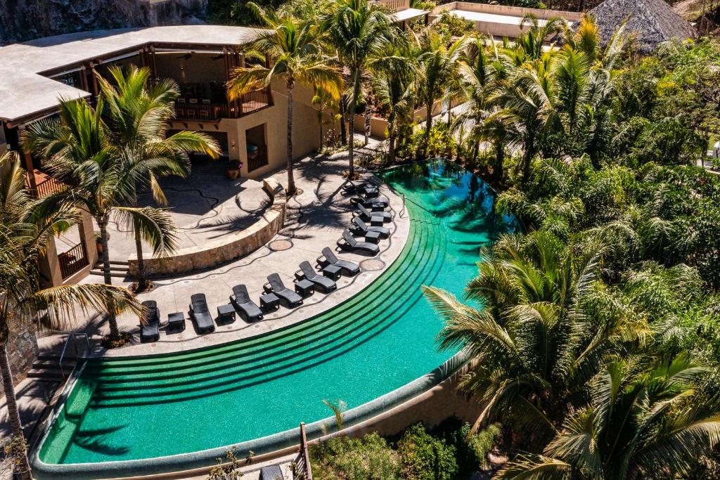 Curved hotel pool surrounded by palm trees with loungers around the side. 