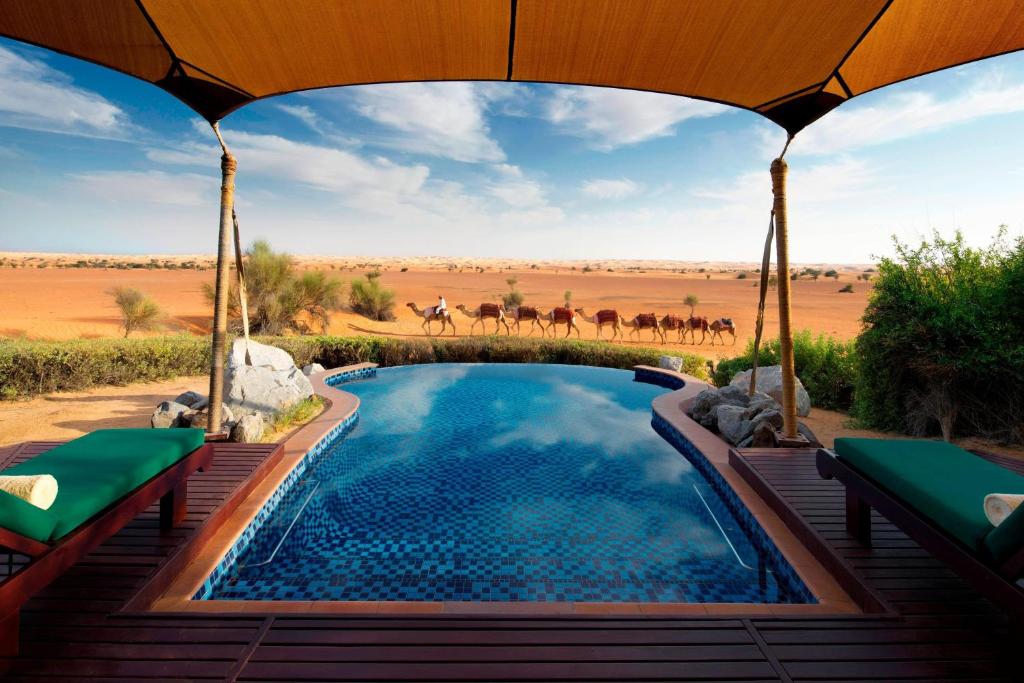 A swimming pool with a canopy overlooking the desert you can see camels walking past. 