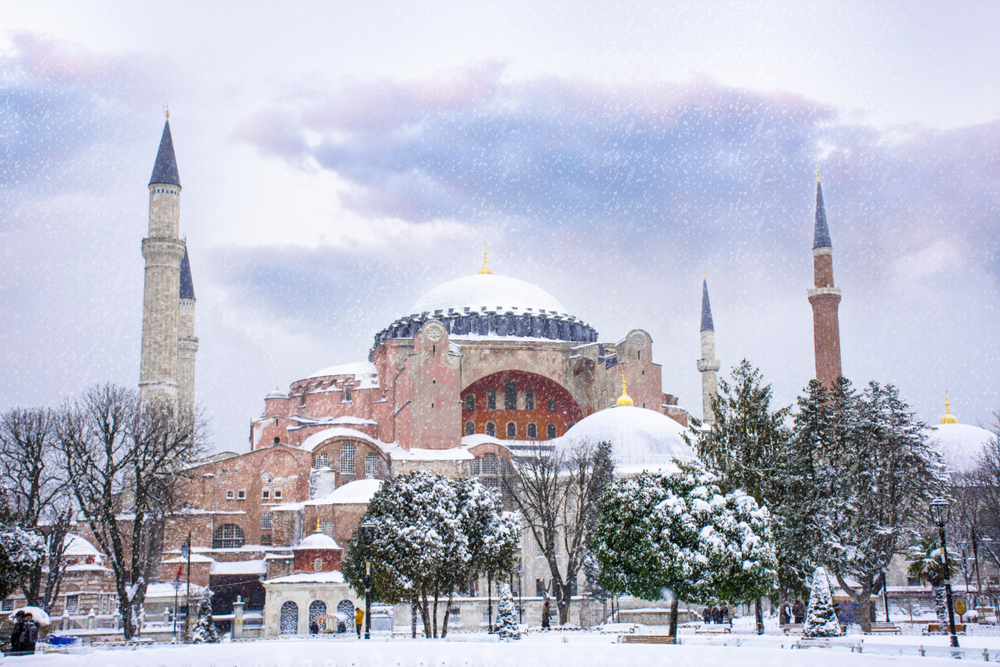 a mosque in the snow, there are trees in front of it and they are also covered in snow