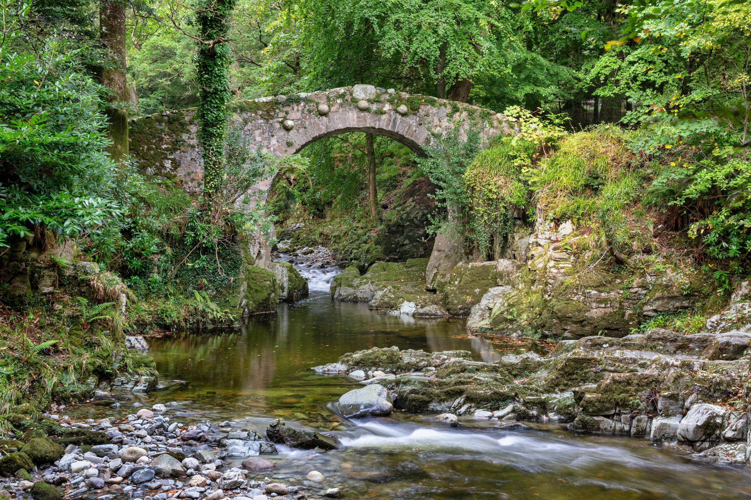 Beautiful stone bridge over a stream surrounded by greenery in Tollymore Forest Park, Northern Ireland
