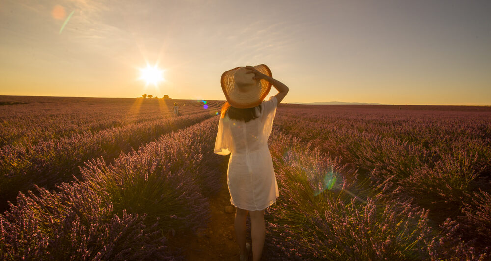 A woman walks down a row of purple flowers at sunset, wearing a white sundress and sunhat, perfect for what to wear in south France.