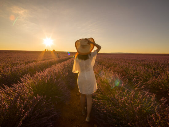 A woman walks down a row of purple flowers at sunset, wearing a white sundress and sunhat, perfect for what to wear in south France.