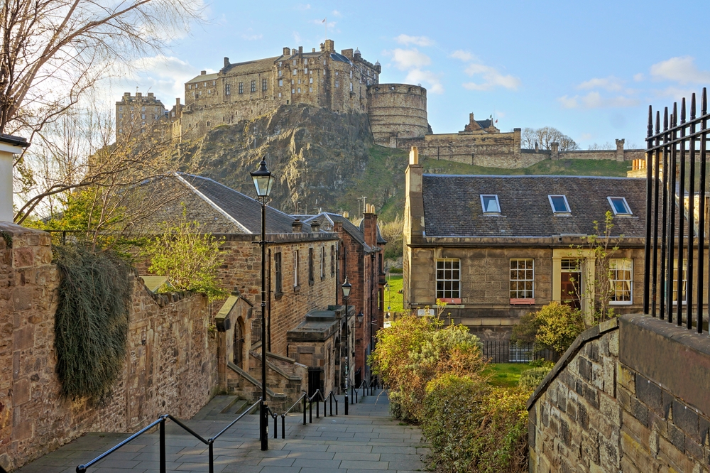 View of Edinburgh castle from the medieval streets of the old town. The article is about Buy From Amazon Before Scotland.