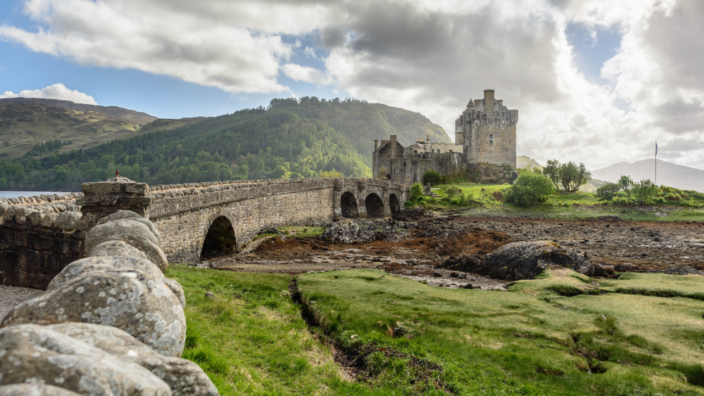 Eilean Donan Castle, Loch Duich, Scotish highlands, with some white clouds on the sky. The article is about Buy From Amazon Before Scotland.