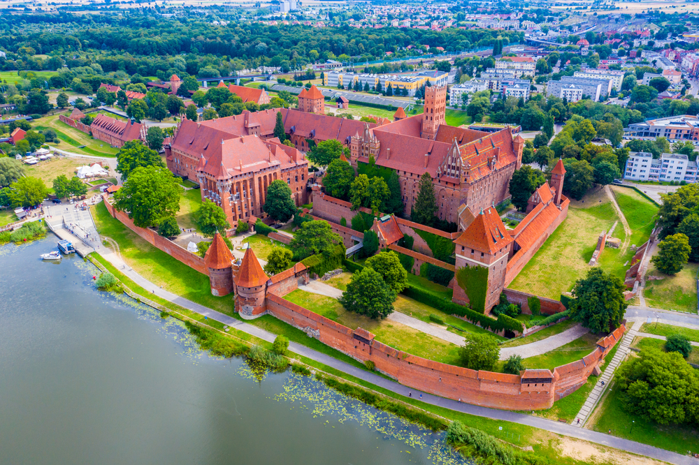 Aerial panoramic view of the gothic Grand Masters’ Palace in the High Castle part of the medieval Teutonic Order Castle