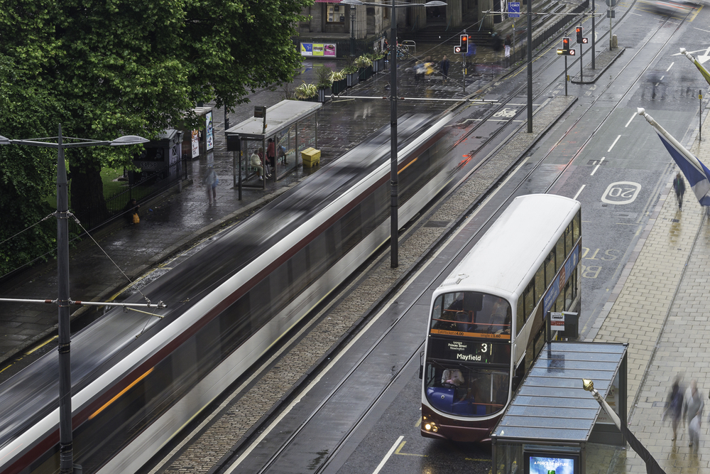 an Ariel view of a tram on Princes Street in Edinburgh