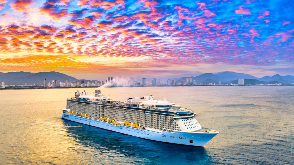 During a pink and orange sunset, a large cruise titled the Spectrum of the Sea sails away from a city, and all guests knew the things to buy from Amazon for a cruise before setting sail.