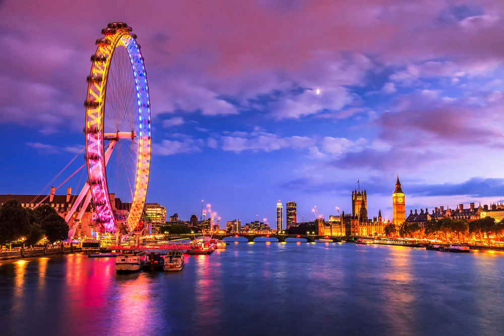 London at twilight. London eye, County Hall, Westminster Bridge, Big Ben and Houses of Parliament.