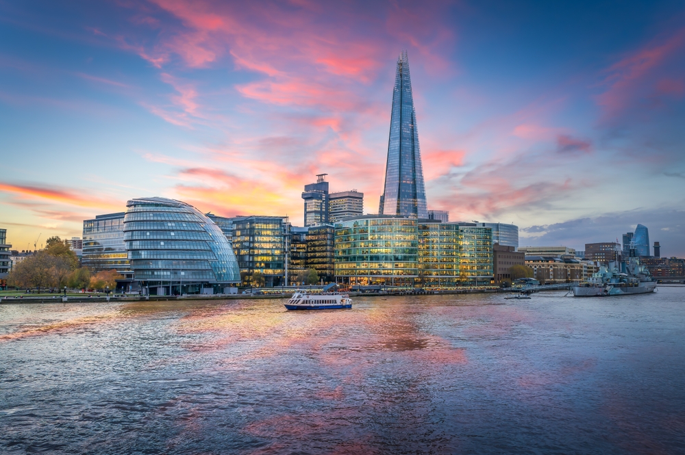 Breathtaking London skyline featuring The Shard and River Thames.