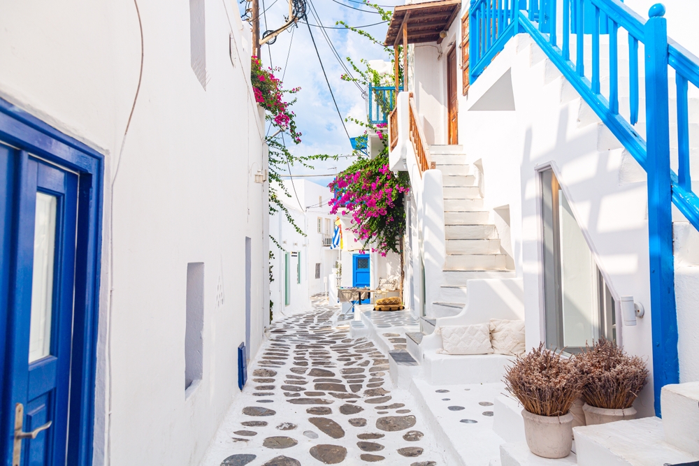 Mykonos island, Greece. Famous old town narrow street with white houses. Article is about things to buy from Amazon for Greece.