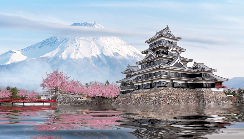 japanese castle in tokyo with cherry blossom, Fuji mountain blue sky and reflec of castle in river , Tokyo city, Japan