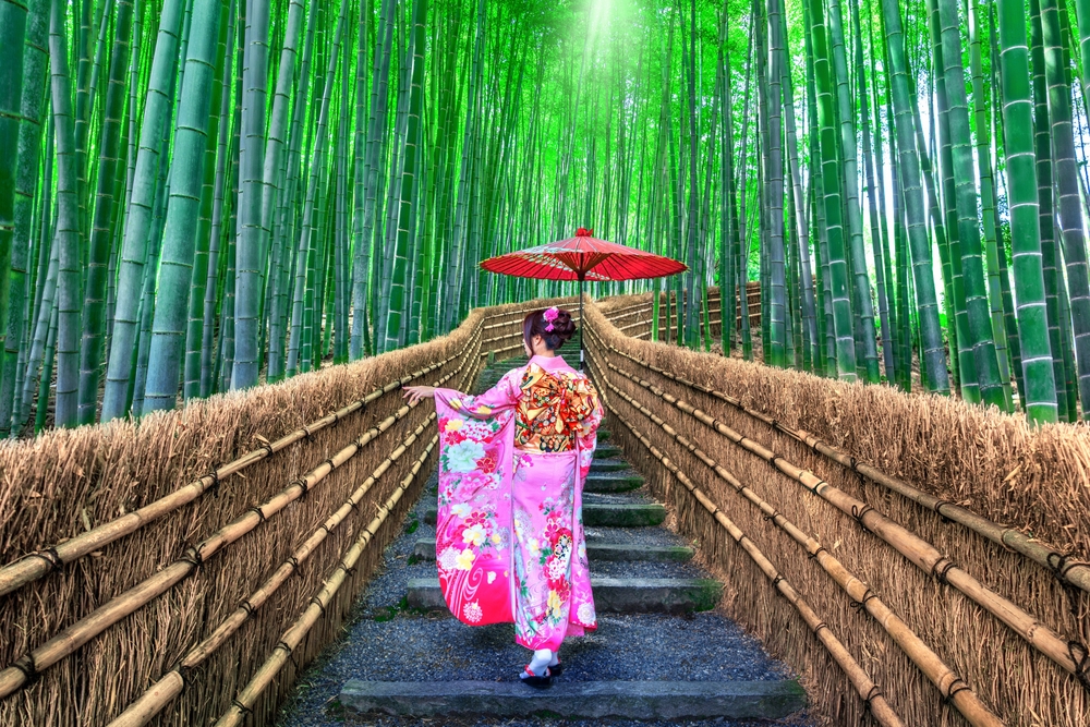 Asian woman wearing japanese traditional kimono at Bamboo Forest in Kyoto, Japan.