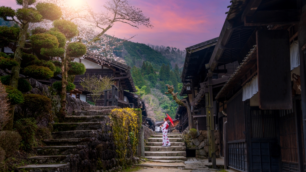Tsumago juku in spring and asian woman wearing japanese traditional kimono. Article is about things to buy from Amazon for Japan.