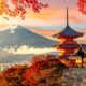 Kiyomizu-dera temple in Kyoto and mount Fuji at autumn sunset, Japan. it is sunset during the fall with fall foliage leaves framing the building with the mountain in the background. Article is about things to buy from Amazon for Japan.