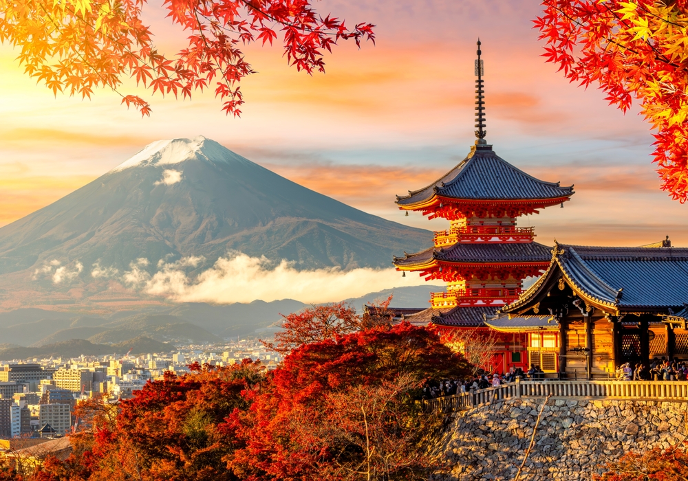 Kiyomizu-dera temple in Kyoto and mount Fuji at autumn sunset, Japan. Article is about things to buy from Amazon for Japan.