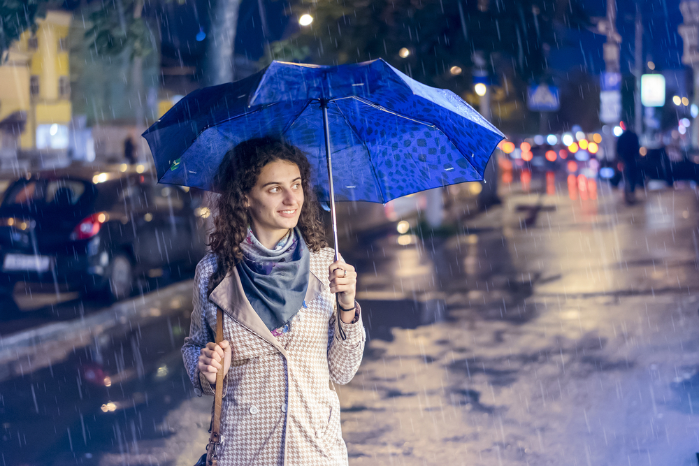 A girl knows what to wear in London in September when it rains: her blue umbrellas protects her silk scarf and houndstooth jacket.