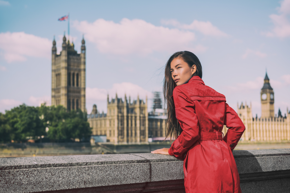 A woman in a red trench coat looks over her shoulder as sh leans against a bridge, Big Ben in the background of her photo.