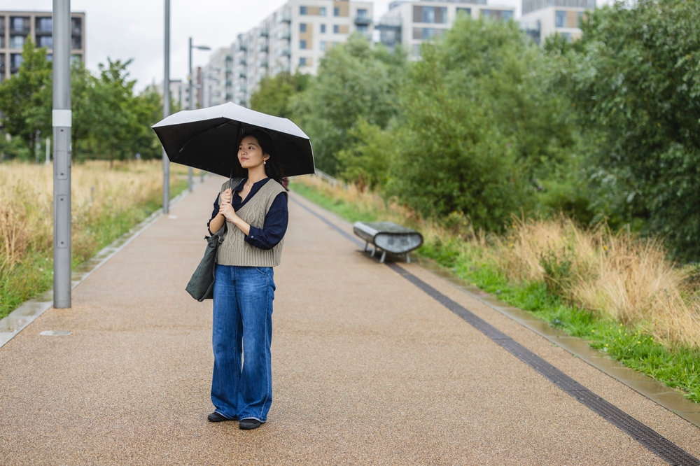 A young woman is prepared and knows what to wear in London in fall as she holds an umbrellas over her straight-legged jeans, vest, and blouse.