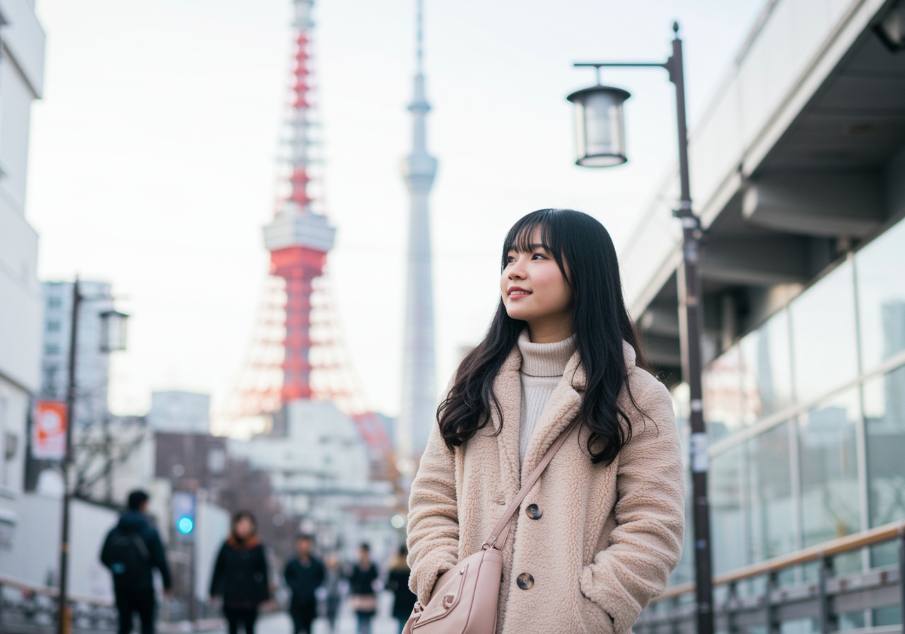 A young girl with dark hair stands in the middle of the city of Tokyo in winter, knowing what to wear in Tokyo during winter in her wool trench coat and cashmere turtleneck.