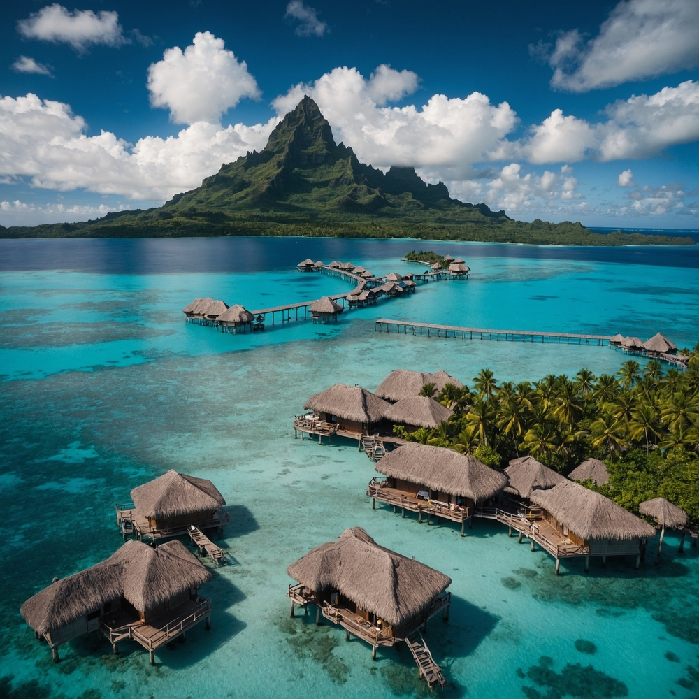 An overhead show of Bora Bora shows tall mountains on an island, blue water, and tons of docks and private tiki huts to celebrate the holidays at.