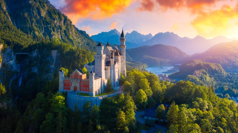 Neuschwanstein Castle with scenic mountain landscape near Fussen, Bavaria, Germany.