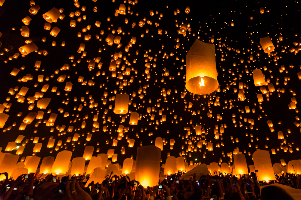 Chiang Mai festival in Thailand, a traditional festival, Yi Peng Lantern. You can see lots of lanterns in the dark sky.