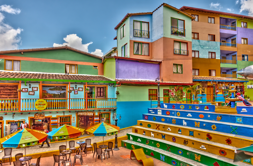 Guatapé, Antioquia, Colombia - May 2019 : Colorful village in cloudy weather.