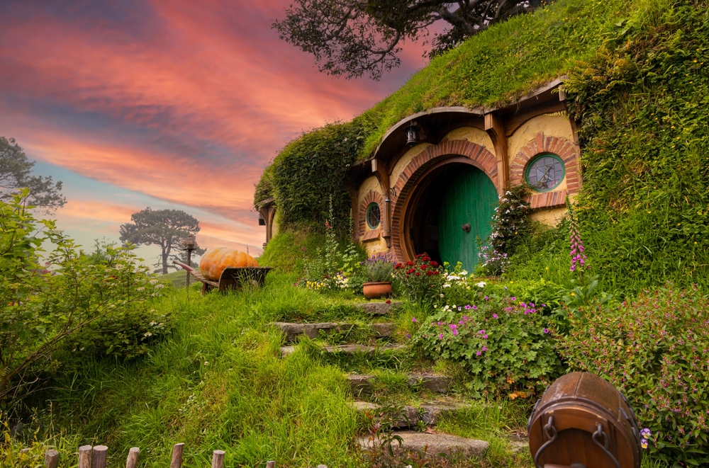 Hobbiton - movie set created for filming the Lord of the Rings and "Hobbit" movies - Matamata, New Zealand. The article is about fairytale destinations.