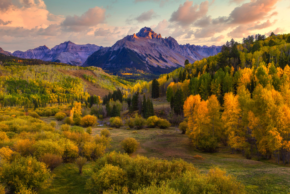 Fall season along the valley below Mt Sneffels in the San Juan Mountain Range outside of Telluride Colorado