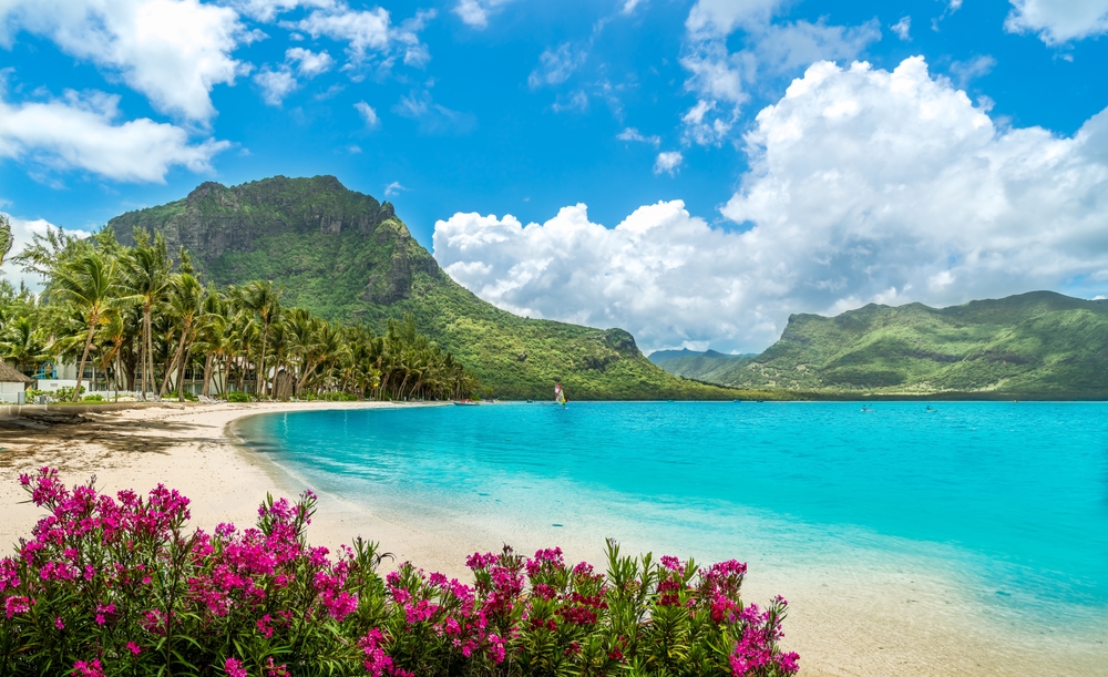 Landscape with Le Morne beach and mountain at Mauritius island, Africa