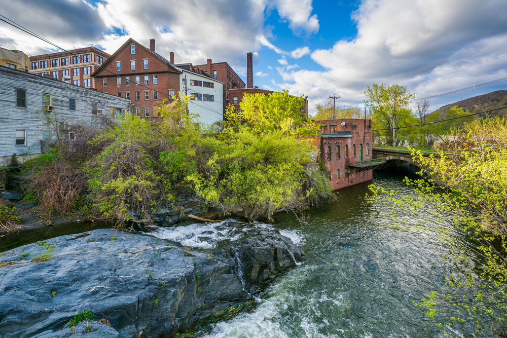 Cascades and old buildings along Whetstone Brook, in Brattleboro