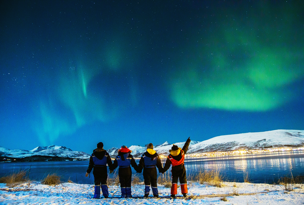 A group individuals stand on icy terrain at night, looking at the burst of green lights above them while they stay warm in the parkas.