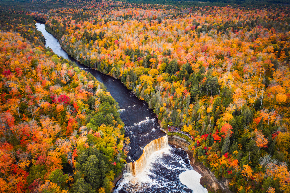 In Michigan, one of the Best States for Fall Foliage in the USA, an overhead photo show tons of trees tall and changing colors as a river runs into a waterfall.