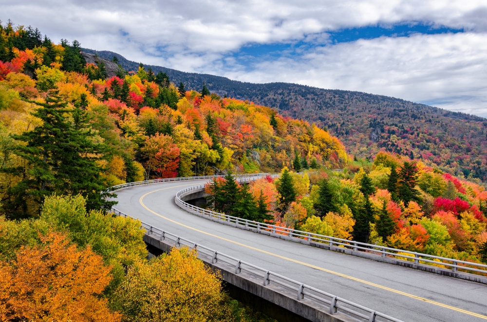 In Blue Ridge Parkway, which features one of the Most Scenic Fall Drives in the USA, a road curves beyond a mountain hill with tons of trees.